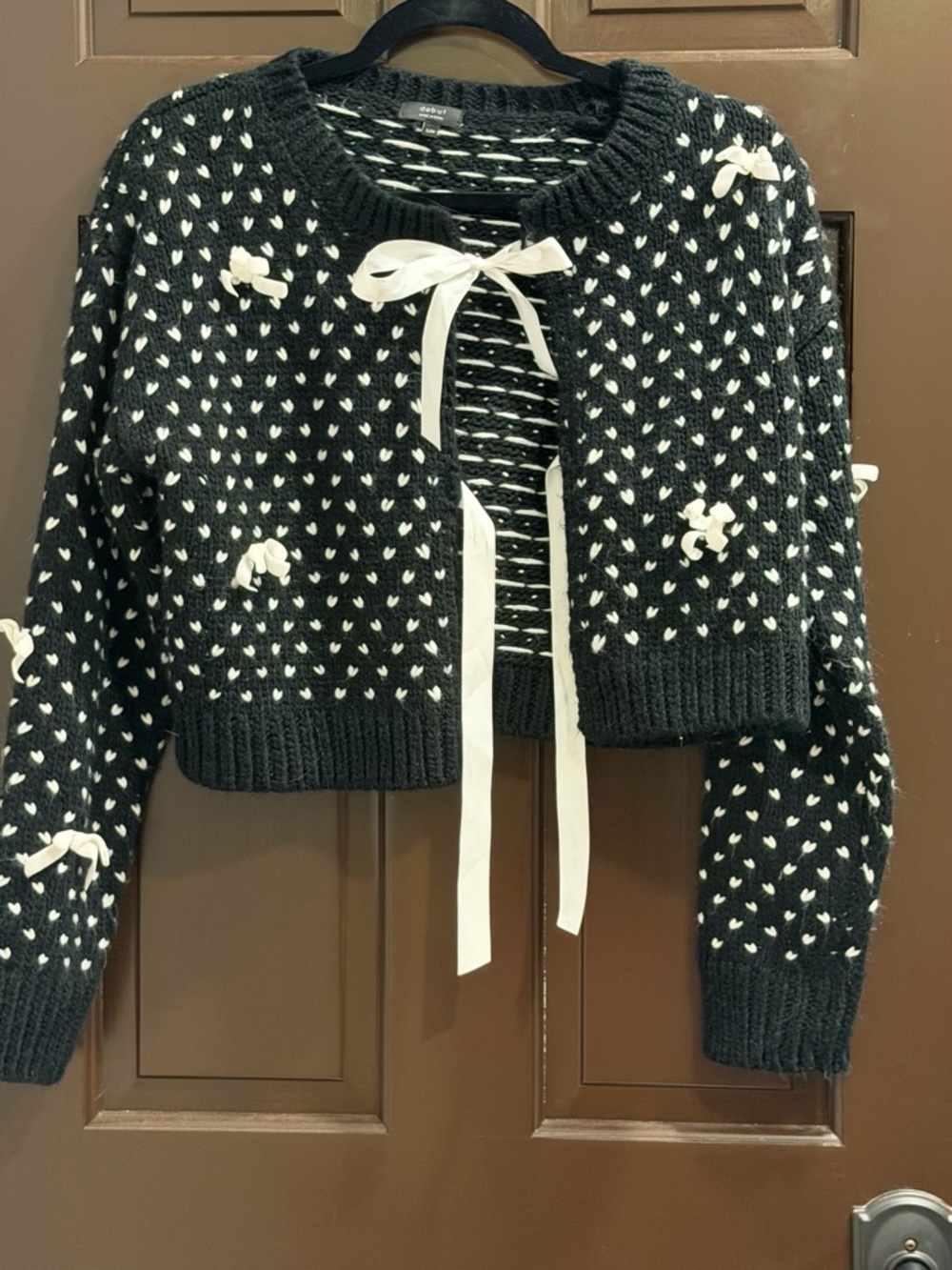 debut Black Knit Cropped Cardigan with White Bow Ties